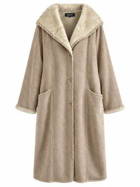 Novelti Faux Suede & Faux Fur Lined Maxi Hooded Coat Tan Beige Plus Size 2X